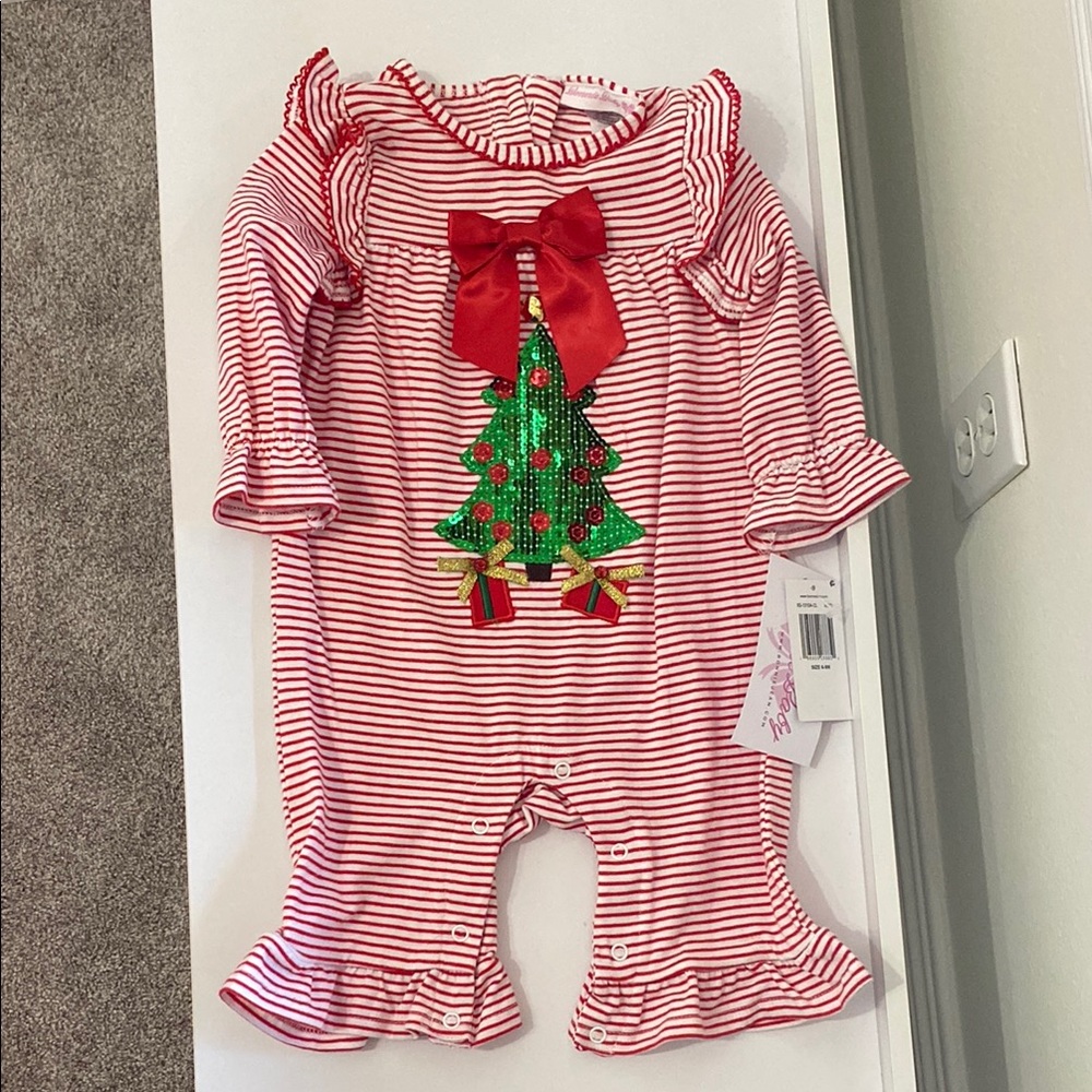 Bonnie Baby Red Striped Baby Romper with Christmas Tree